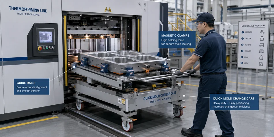 Operator using a quick‑mold‑change cart on a modern thermoforming line – showing magnetic clamps and guide rails